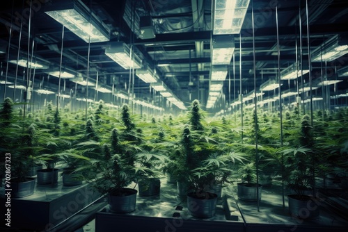 Cannabis cultivation in a modern glasshouse. Indoor cultivation, AI Generated