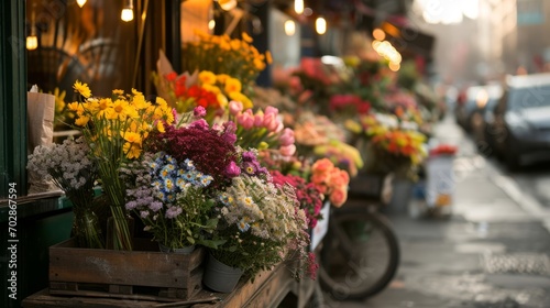 Rain-Kissed Flower Display on Urban Road. Raindrops freshen up a roadside flower display in a city environment.