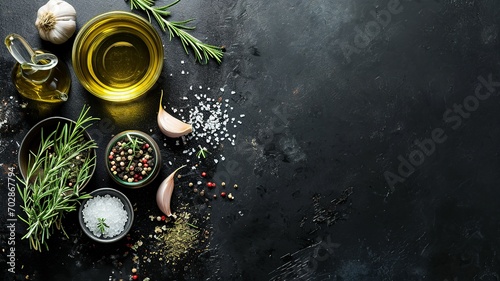 Olive Oil, Rosemary, Salt, Garlic, Pepper on Black Table