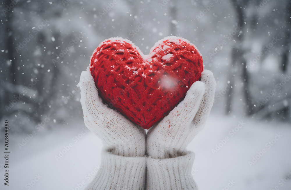 Fototapeta premium Hands with winter gloves hold a red heart. It's snowing. Valentine's Day moment.