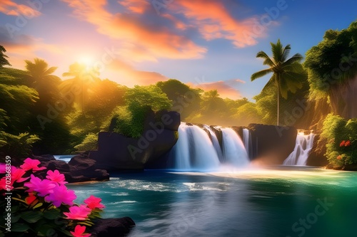 A-hidden-gem-of-a-waterfall-in-a-tropical-paradise-adorned-with-a-profusion-of-colorful-flowers