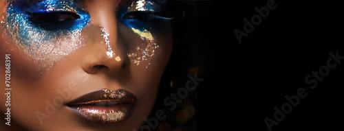 trendy glitter lipstick makeup on face of female model closeup horizontal banner copy space right. Beauty salon, make up artist, party concept. Cosmetics for lips.  photo