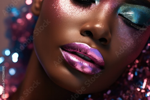 trendy glitter makeup on face of female model closeup. Beauty salon, make up artist, party concept. Cosmetics for lips.  photo
