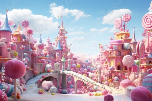 gumdrop candy castle cartoon style illustration in pink light blue pastel color palette. Sweet tooth eating too much sugar. Caramel and candy production.