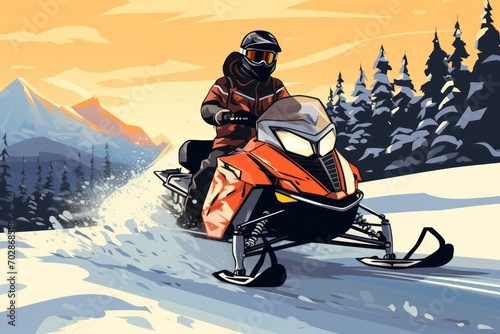people riding on snowmobile in nature in winter. Extreme sports hobby and transport. photo
