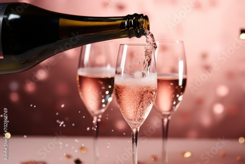 pouring champagne or cava or sparkling wine  into three glasses from the bottle. Celebrating Valentines day, christmas, New Years eve party, romantic date festive banner. photo