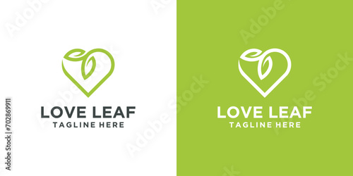Abstract love symbol with leaves, Organic green leaf love logo. green color isolated on White Background