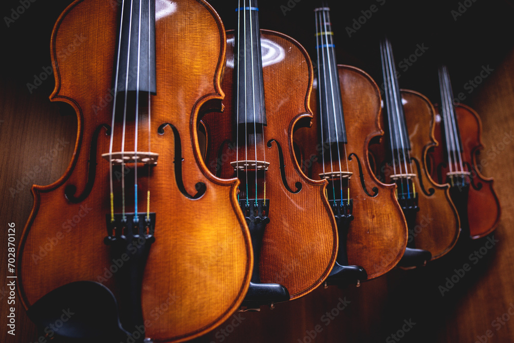 Row of multiple violins hanging on the wall, musician workshop Row of multiple violins hanging on the wall, musician workshop