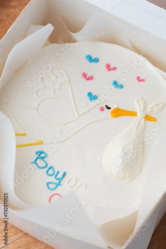 Baby shower party cake with white cream cheese frosting decorated with blue and pink boy or girl text. Guess the gender of the upcoming child. He or She cake. Reveal the gender of the unborn baby.