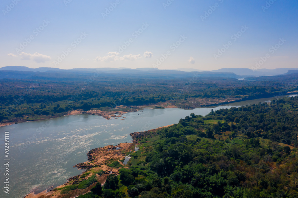 Aerial view of Grand Canyon in Thailand, Natural of rock canyon in Mekhong River, Hat Chom Dao or Chomdao Beach and Kaeng Hin Ngam in Ubon Ratchathani province, Thailand.