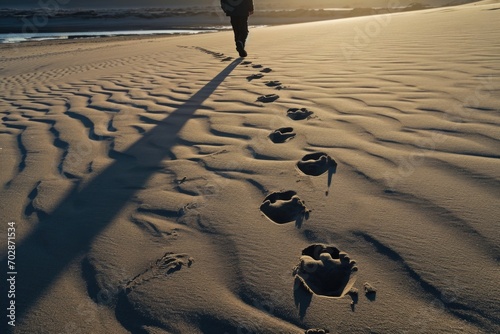 A shadowy figure leaving footprints in the sand, leaving observers puzzled about their destination photo