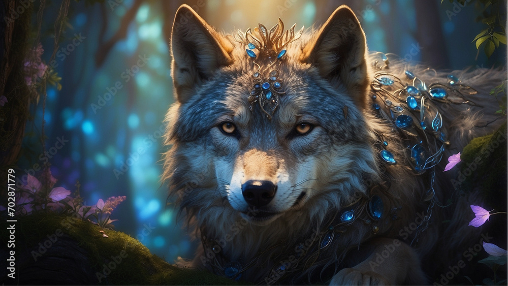 magical creature, grey winter wolf in the woods magical creature, grey winter wolf in the woods