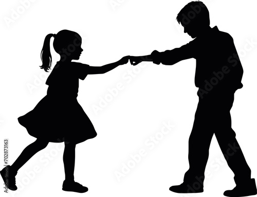 Two children talking, black silhouettes conceptual. AI generated illustration.