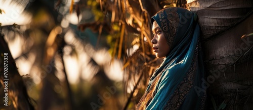 Hijab-wearing woman by palm oil tree.