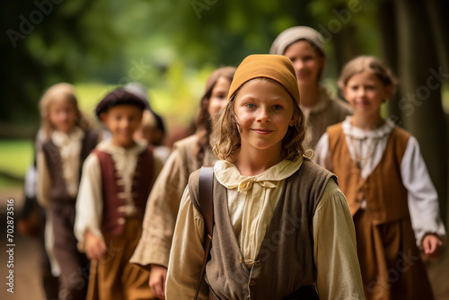 A children's historical reenactment day offering interactive history lessons, where kids can dress in period costumes for an immersive and educational learning experience © Davivd
