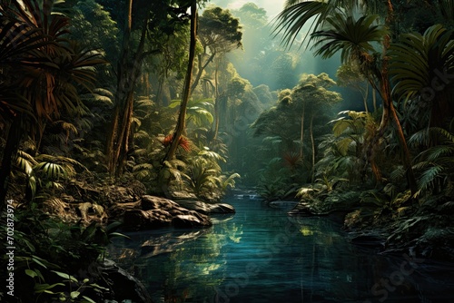 Fantasy landscape with tropical rainforest and river. Digital painting  AI Generated