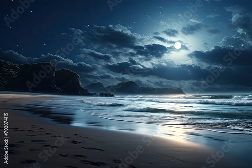 Beautiful night seascape with full moon and stars. 3d rendering, AI Generated