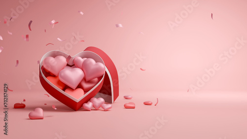 Heart shape of a gift box and floating confetti on pink background for valentine's day and wedding background. 3D rendering. photo