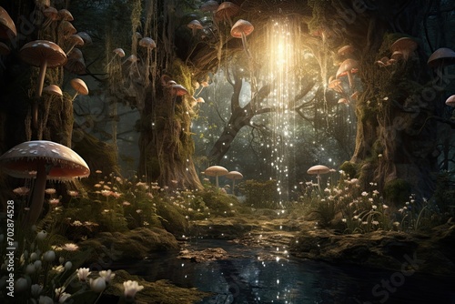 Fantasy landscape with mushrooms in the forest. 3d illustration  AI Generated