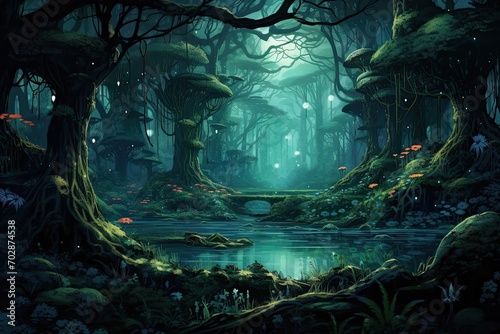 Fantasy landscape with fantasy forest and river. 3d illustration  AI Generated