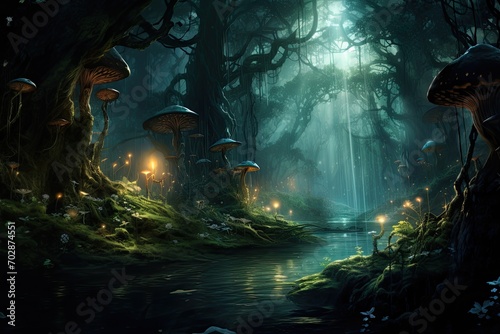 Fantasy landscape with foggy forest and mushrooms. 3d rendering  AI Generated