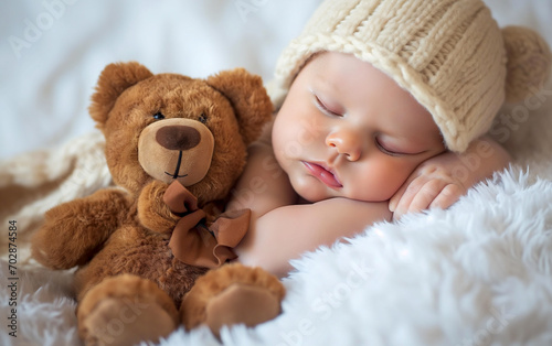 A Newborn baby sleeping peaceful embraced at a teddy bear