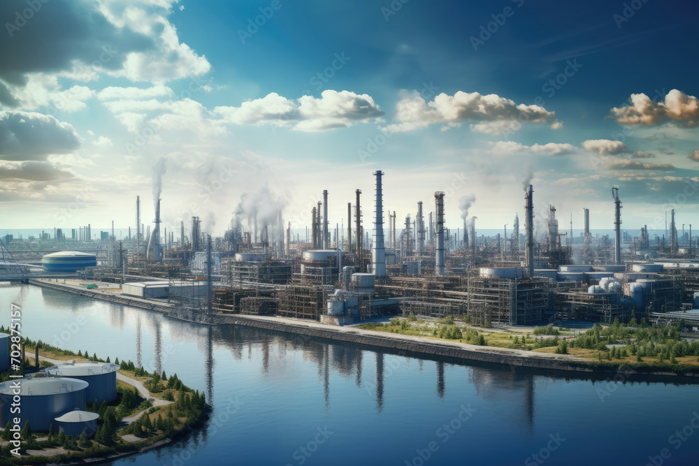 Aerial view of Petrochemical industry refinery in the morning background. Energy Industrial plant oil station, manufacturing for fuel and energy, furnace factory line.