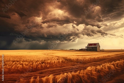 Dramatic stormy sky over a wheat field with a red barn, AI Generated