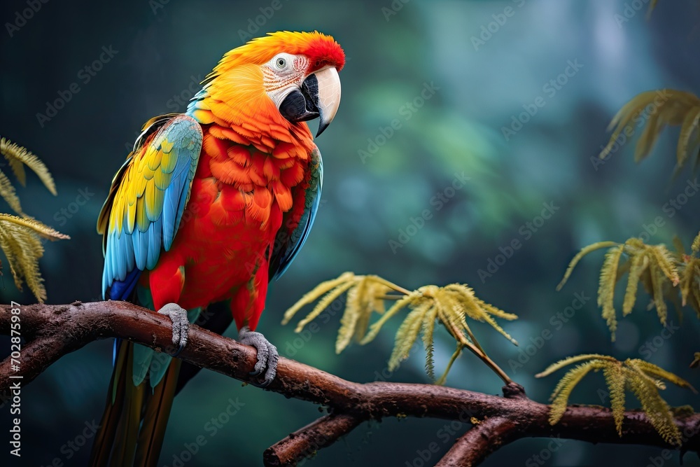 Colorful macaw parrot sitting on branch in the jungle, AI Generated