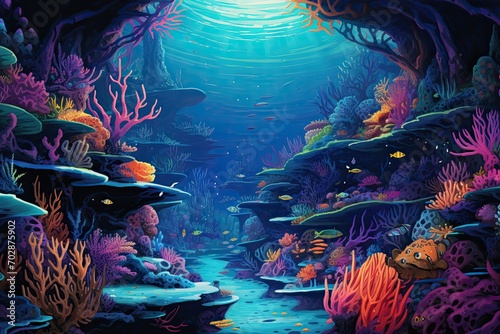 Underwater scene with coral reef and fish. Vector Illustration, AI Generated
