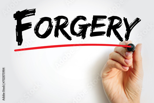 Forgery - the action of forging a copy or imitation of a document, signature, banknote, or work of art, text concept background