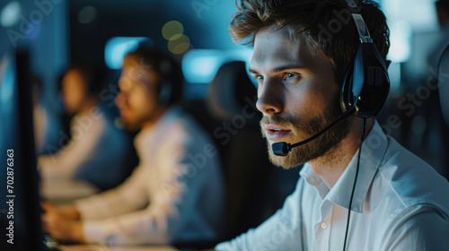 Business man, call center pc and web support communication at a computer in a office. Phone conversation, desk and male worker with contact us, crm and customer service job in a consulting agency