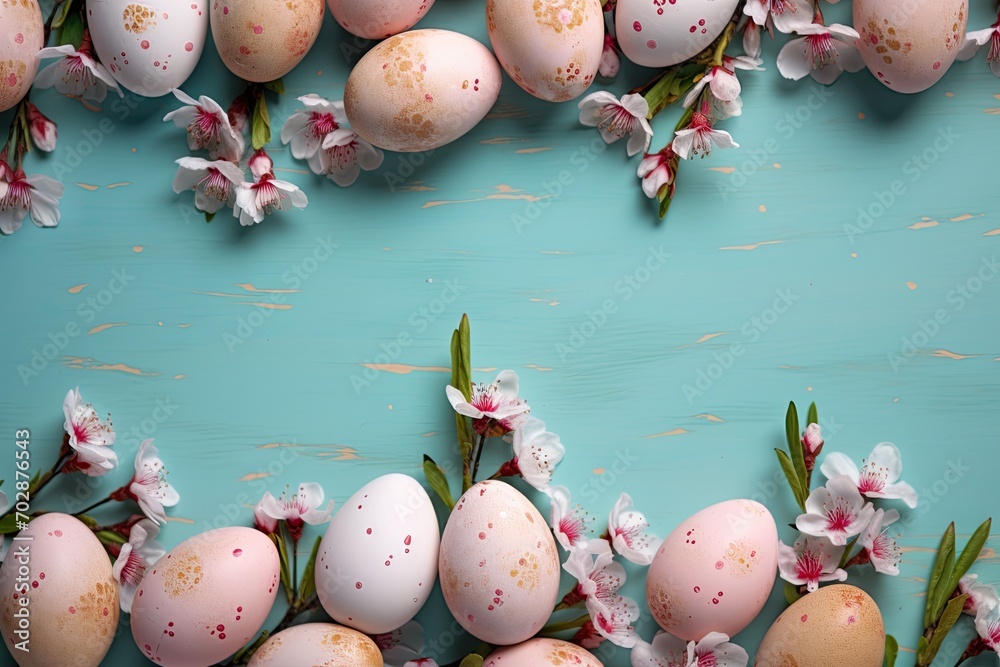 Easter eggs adorned with floral patterns creating a border on a teal background, perfect for a seasonal greeting, top view background , copy space