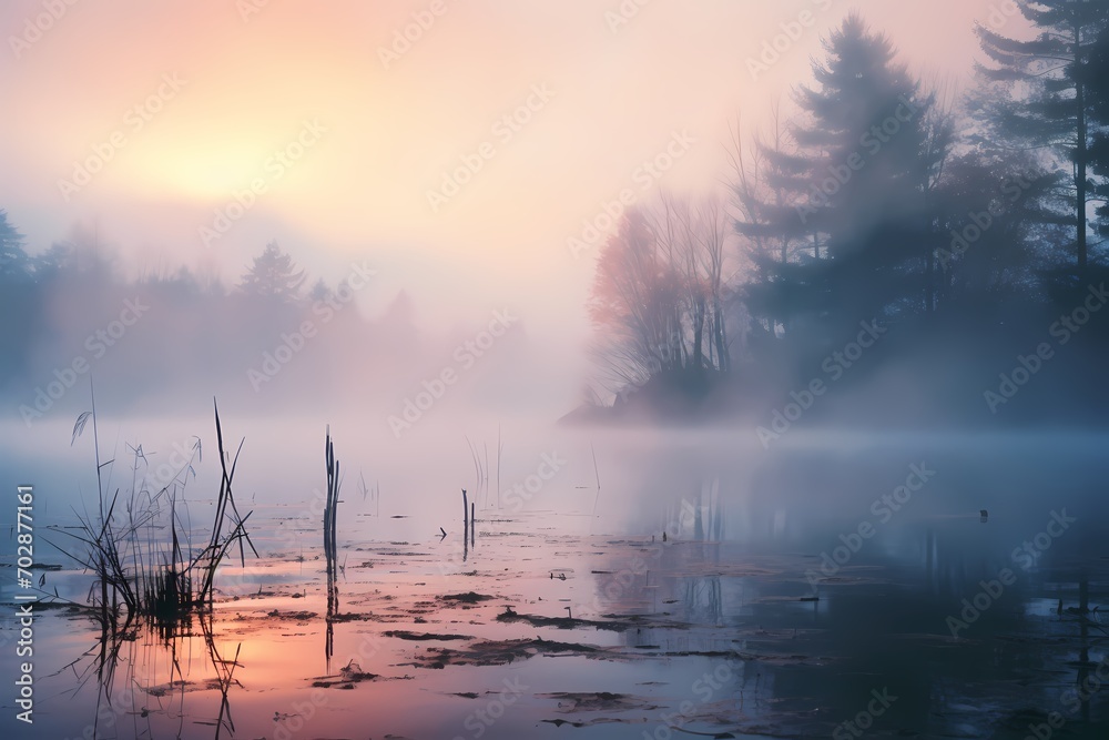 A dense fog over a tranquil lake, with the gradient colors of the fog creating a dreamy and mysterious atmosphere.