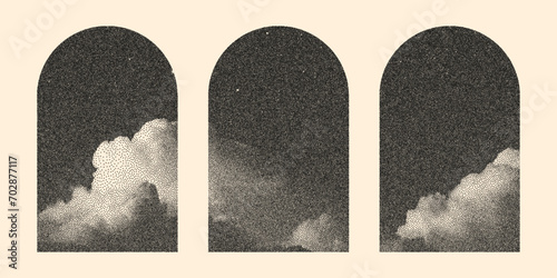 Retro winding arched window set. A collection of posters with the sky, noise effect, dots in black and white. Graphic psychedelic arched windows with space for text.