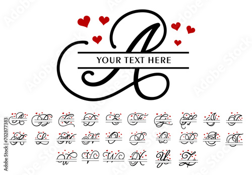 Valentine Split Monogram Letter Set A-Z, Heart Split Letters, Split Alphabet, Split Font Vector Design photo