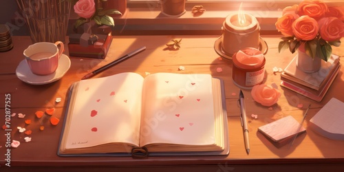 Blank notebook on a wooden desk warm lighting valentine concept.