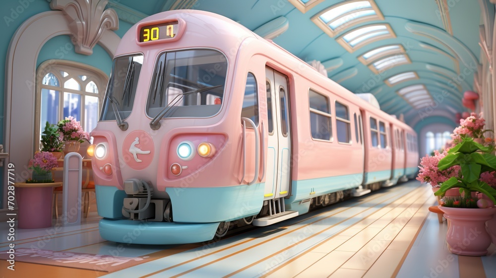 Obraz premium A pink and blue train in a station