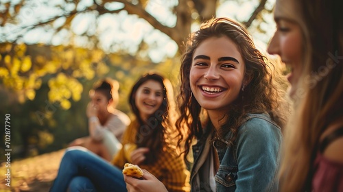 Smiling young woman with friends eating snack sitting in park