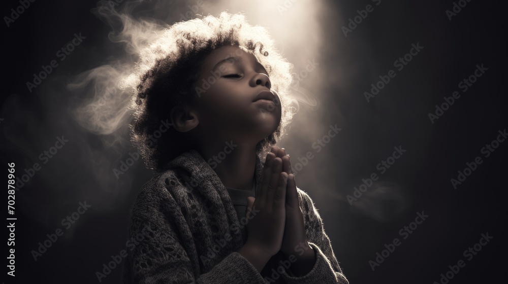 Little african american boy praying, child praying with volumetric light - obrazy, fototapety, plakaty 