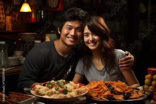 A couple enjoying a delightful Asian culinary experience.