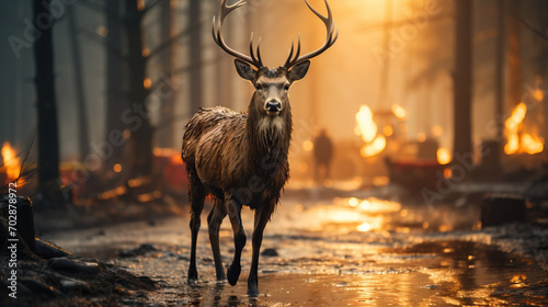 Deer Standing on the Road Near a Forest during Early Morning or Evening Hours, Highlighting the Intersection of Road Hazards, Wildlife, and Transportation, Emphasizing the Importance of Awareness and 