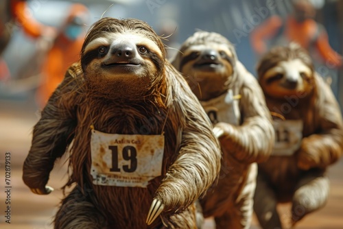 A humorous scene of a group of sloths running a marathon, with numbers on their chests and a finish line in the distance, moving at a leisurely pace.