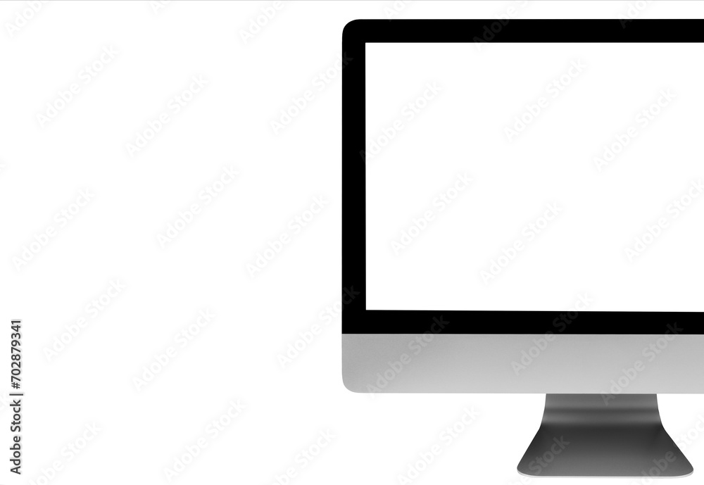Computer showing blank isolated white screen. PC isolated on white background with copy space. Empty space for text