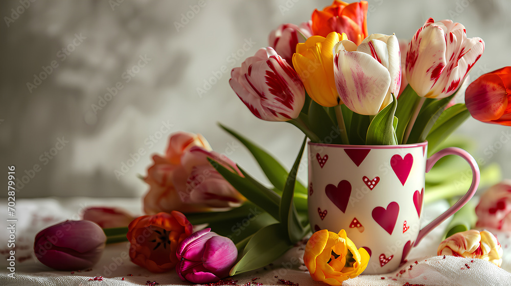 Colored tulips and cup with hearts on a white background, Valentine's Day concept