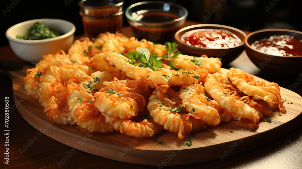 Tempura Shrimp: Cooked to Perfection and Served on a Wooden Board with a Side of Dipping Sauce, Creating a Mouthwatering Culinary Delight. Tempura Shrimp: Cooked to Perfection and Served on a Wooden Board with a Side of Dipping Sauce, Creating a Mouthwatering Culinary Delight.