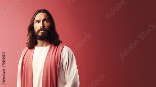 Jesus solid colour background 4k , looking to camera, copy space - generative ai