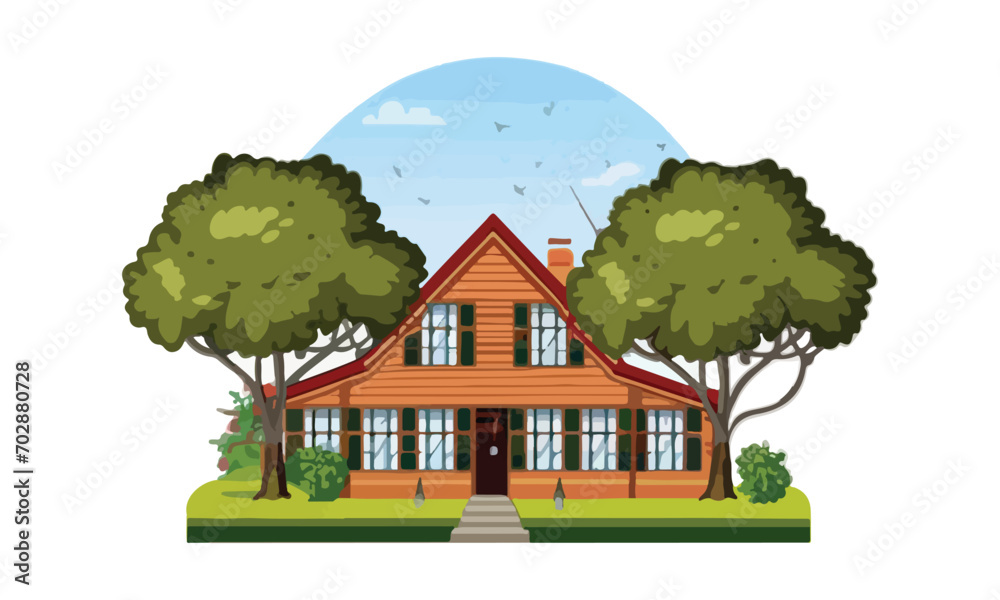 Front view of a house with nature elements on white background