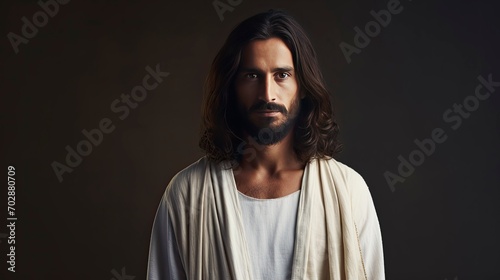 Jesus solid colour background 4k , looking to camera, copy space - generative ai