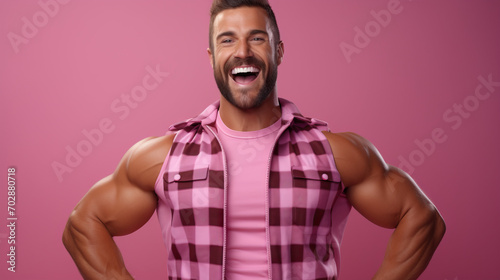 Comical Character with an Arrogant Expression, Wearing Checkered Huge Shorts and Flexing His Muscles, Exuding Confidence and Competence. Isolated on a Pink Background for a Playful and Whimsical Look. photo